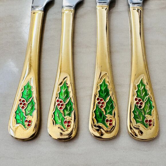 4pc CAMBRIDGE Dinner Knife 9” Gold Electroplate Holly Berry Christmas Japan - Picture 5 of 9